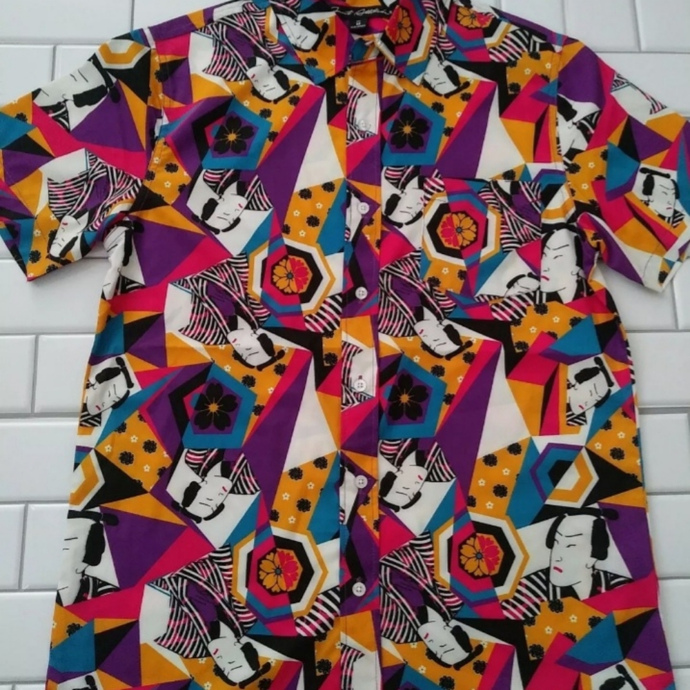 Just Attitude Chinese Print Button Down Short Sleeve Shirt